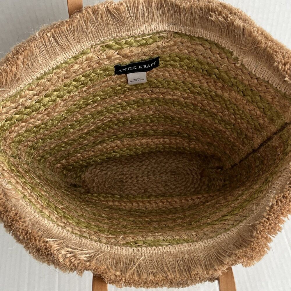 ANTIK KRAFT Woven Jute Tote Bag Wood Handles Beach Boho Market Basket Coastal - Picture 11 of 16